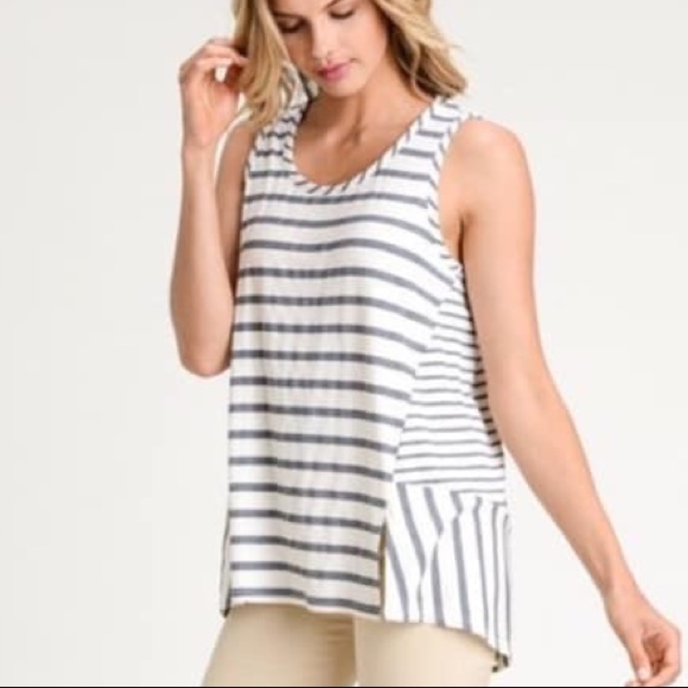 Cream and gray striped sleeveless high low top